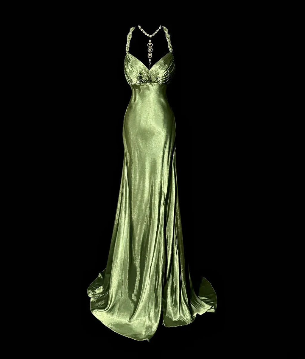 Emerald Desire Satin Gown - Backless Luxury Evening Dress