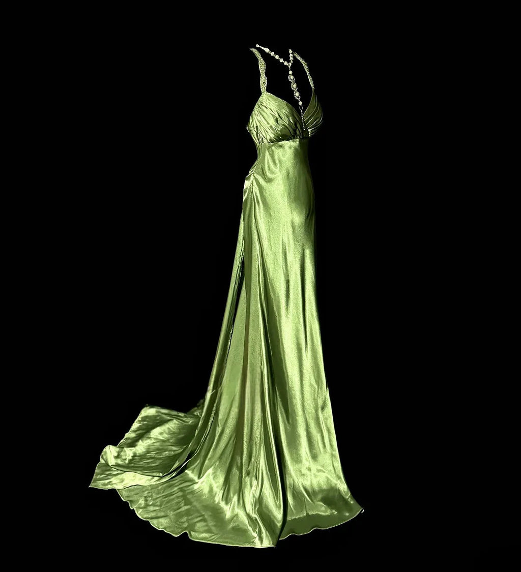 Emerald Desire Satin Gown - Backless Luxury Evening Dress