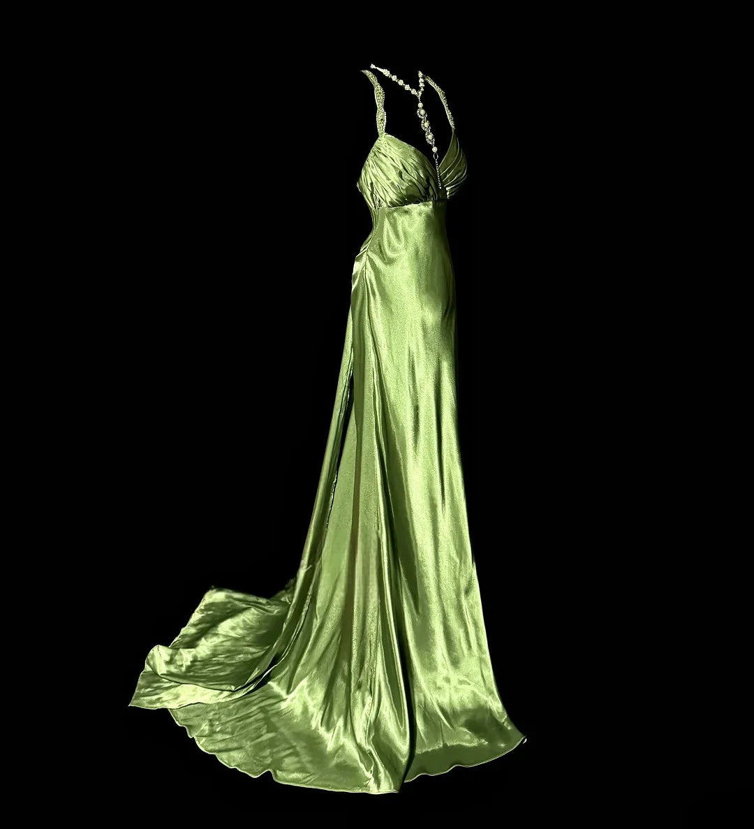 Emerald Desire Satin Gown - Backless Luxury Evening Dress